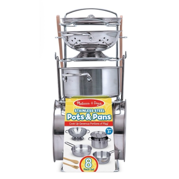 Melissa & Doug Other - NWT Melissa & Doug Stainless Steel 8 Piece Play Kitchen Cookware Set with Stand